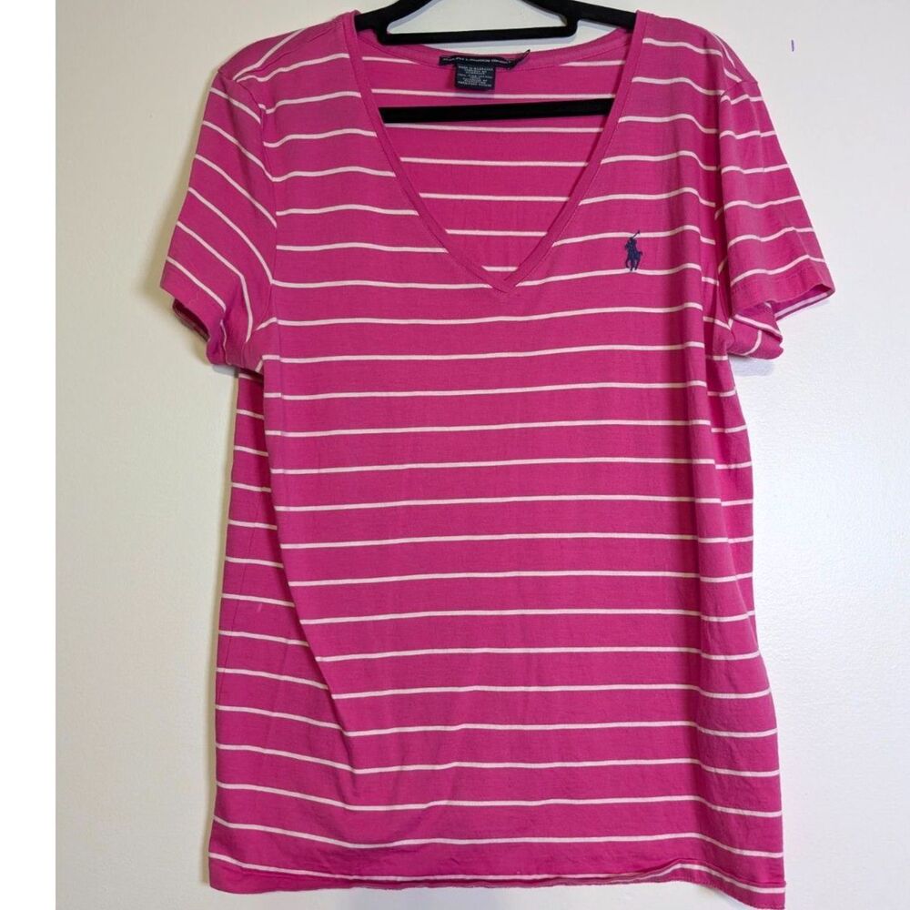 Ralph Lauren Sport Pink Striped Tee L Pima Cotton Preppy Coastal - Picture 2 of 5